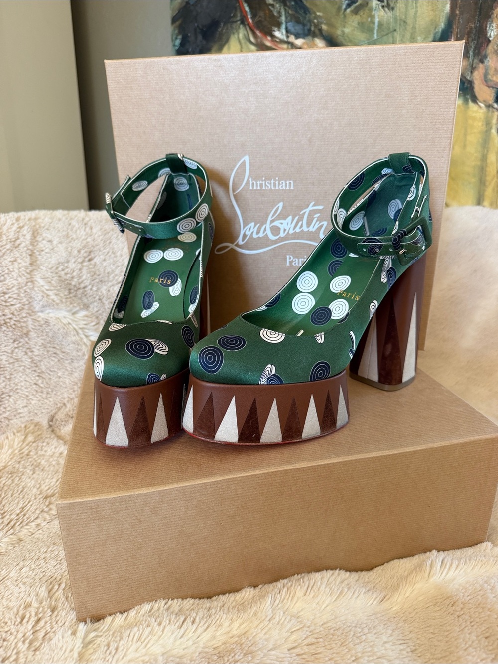 Christian Louboutin Green Printed Platform Mary Jane Pumps